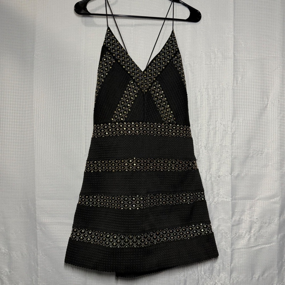 Topshop Mini Dress Black Studded Embellished Fit and Flare Edgy Party Size 12